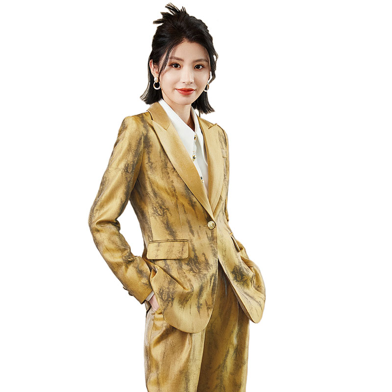 Women Formal Wear With Black Blazer - Women Golden Black Formal Pant Suit