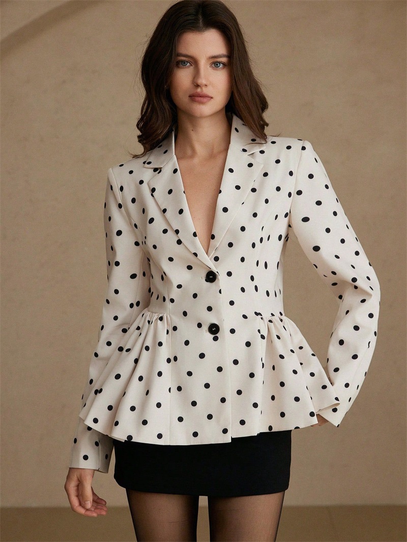 Women Formal Wear With Black Blazer - White Black Dot Women Suit Blazer