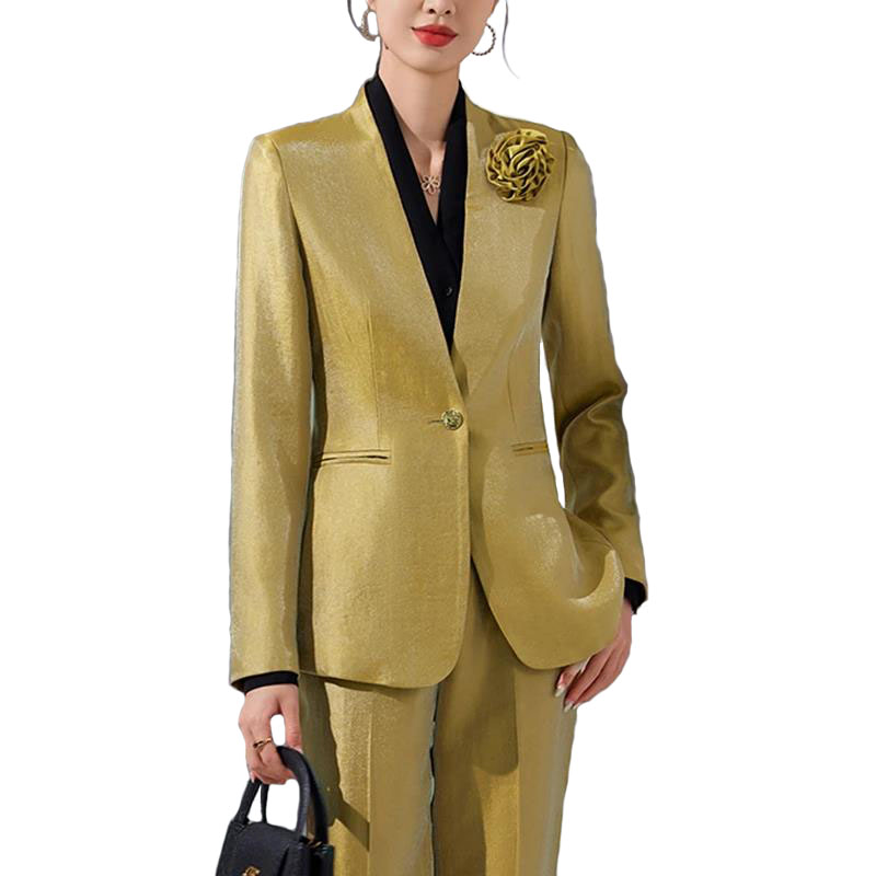 Women Formal Office Wear Tops - Women Blazer Pants Sets Gold Appliques